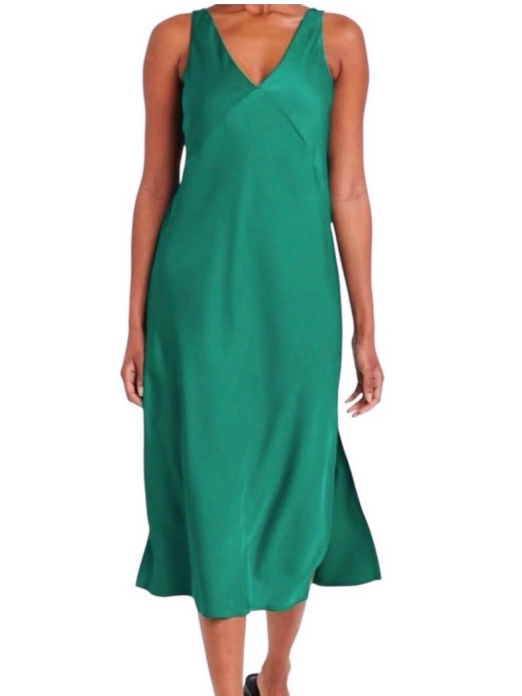 A New Day Emerald Green V-Neck Sleeveless Satin Midi Dress, Size Large, Nwt